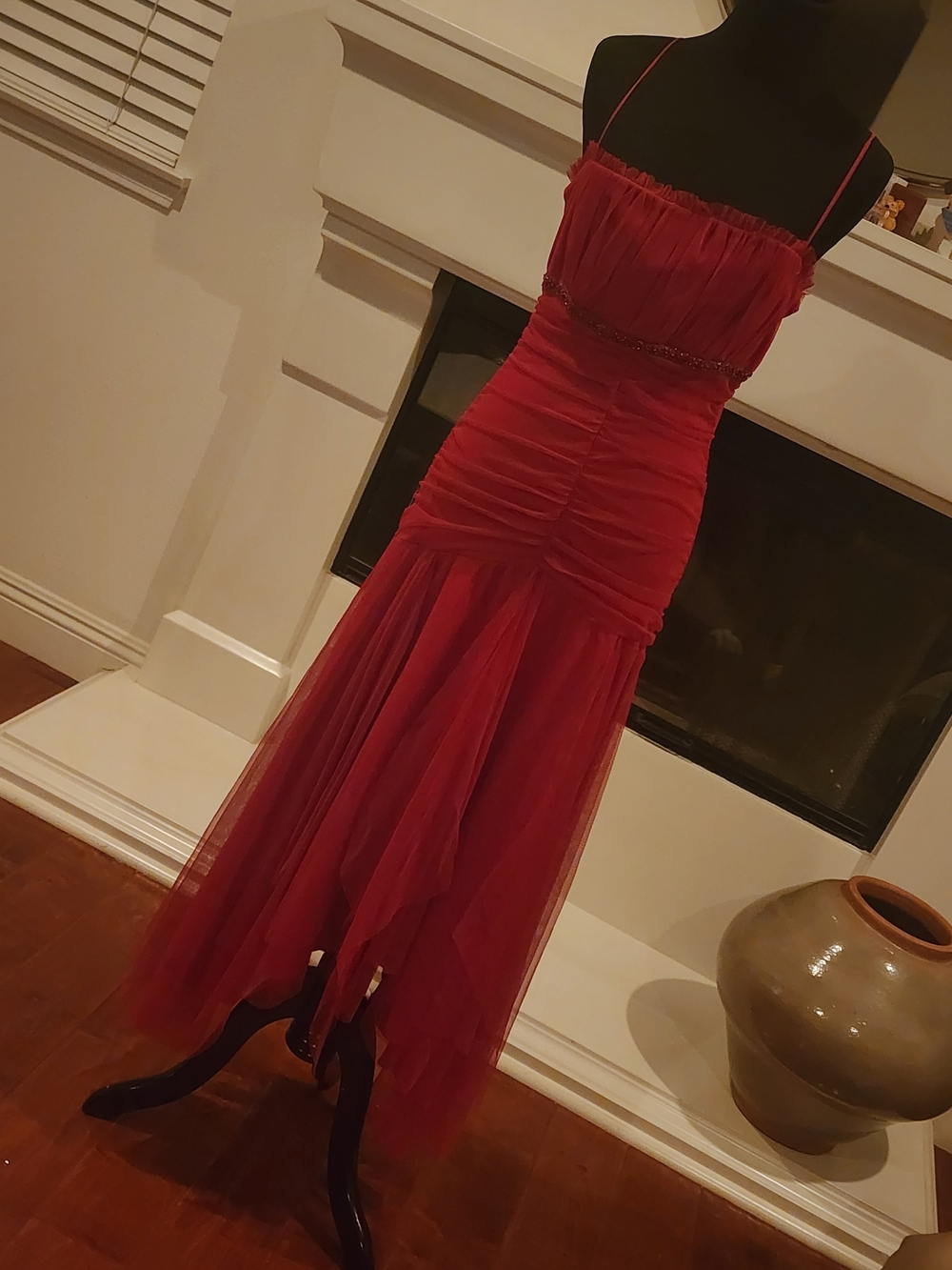 Teeze Me Red Ruched Tulle Prom Gown with Spaghetti Straps